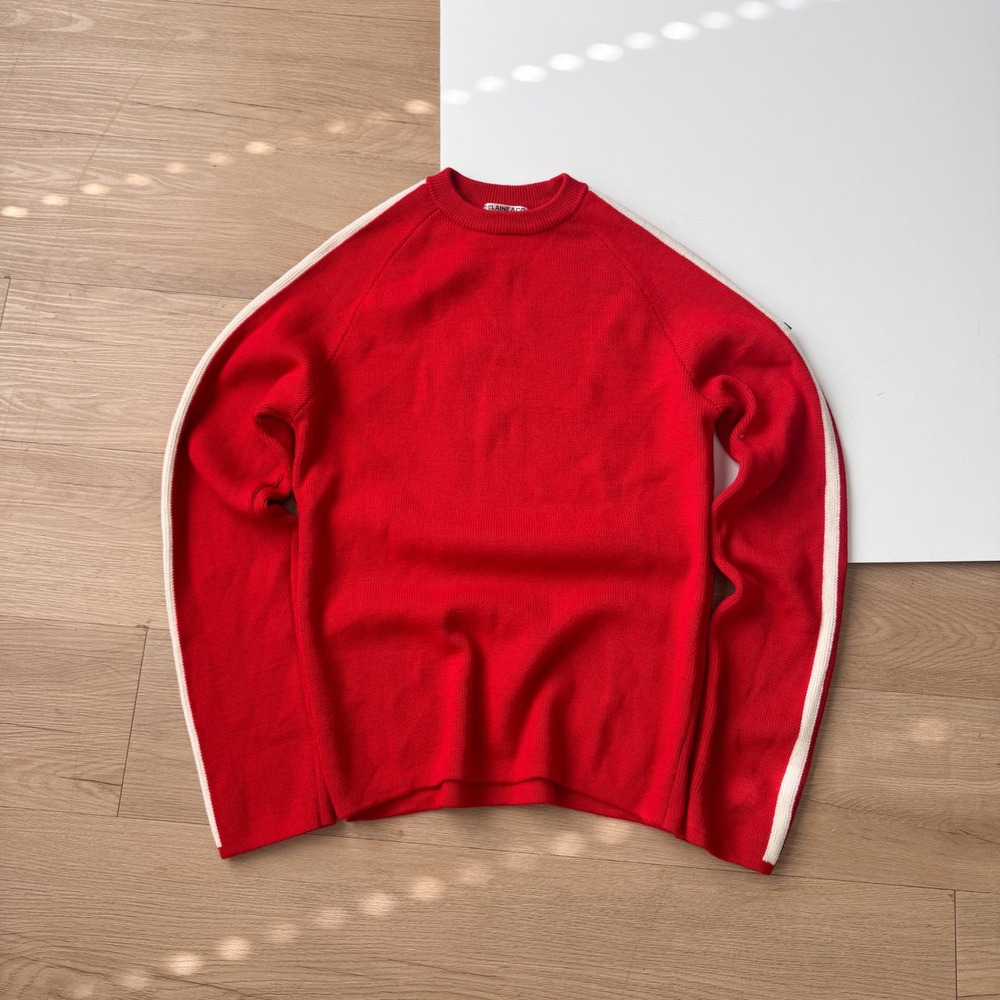 Delaine & Co Red 100% Merino Wool Racing Stripe Crewneck Sweater Ski Large